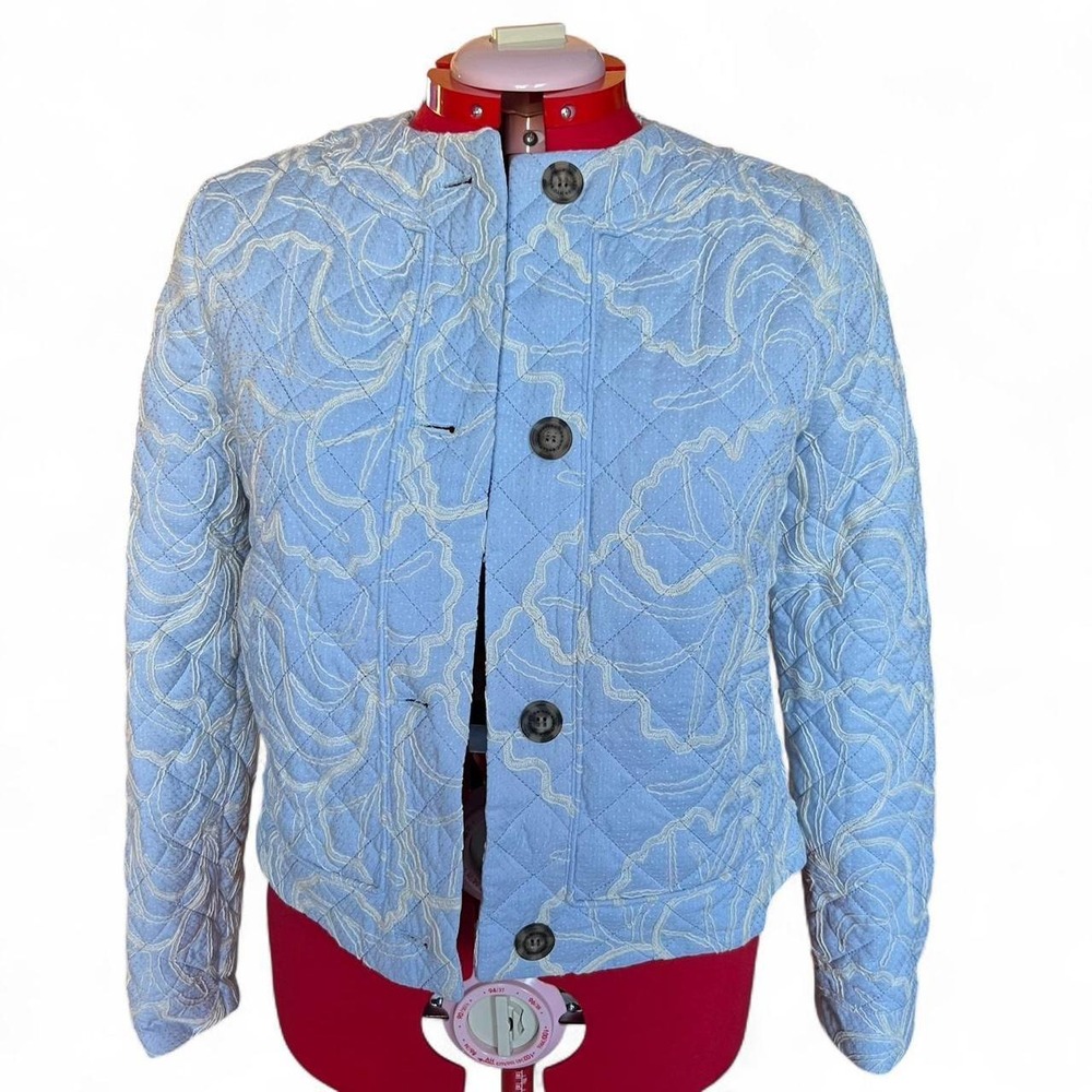 Bagatelle Blue & White Quilted Jacket With Florl Pattern, Button Front & Pockets